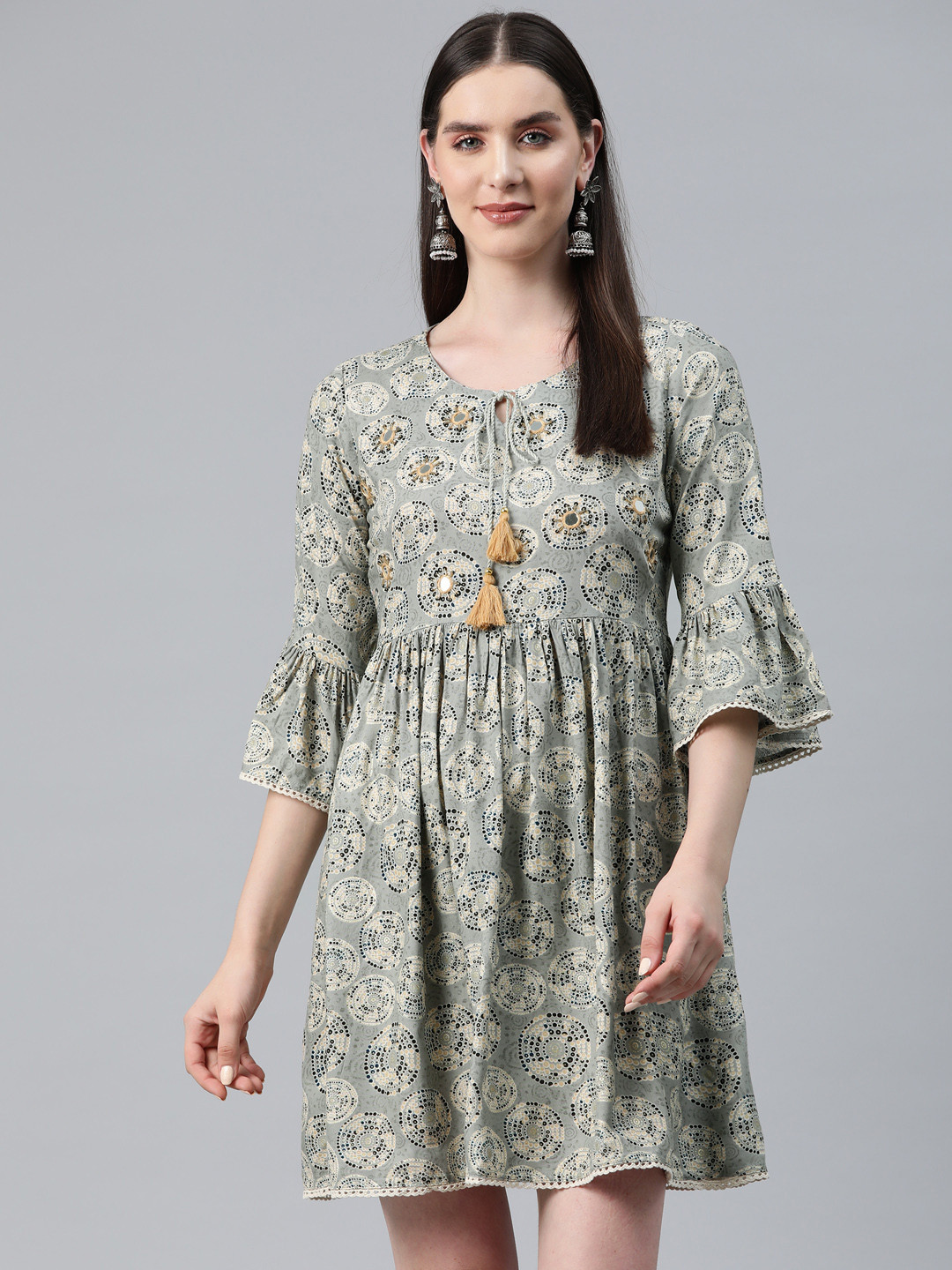 

Readiprint Fashions Geometric Print Tie-Up Neck Bell Sleeves Embellished A-Line Dress, Grey