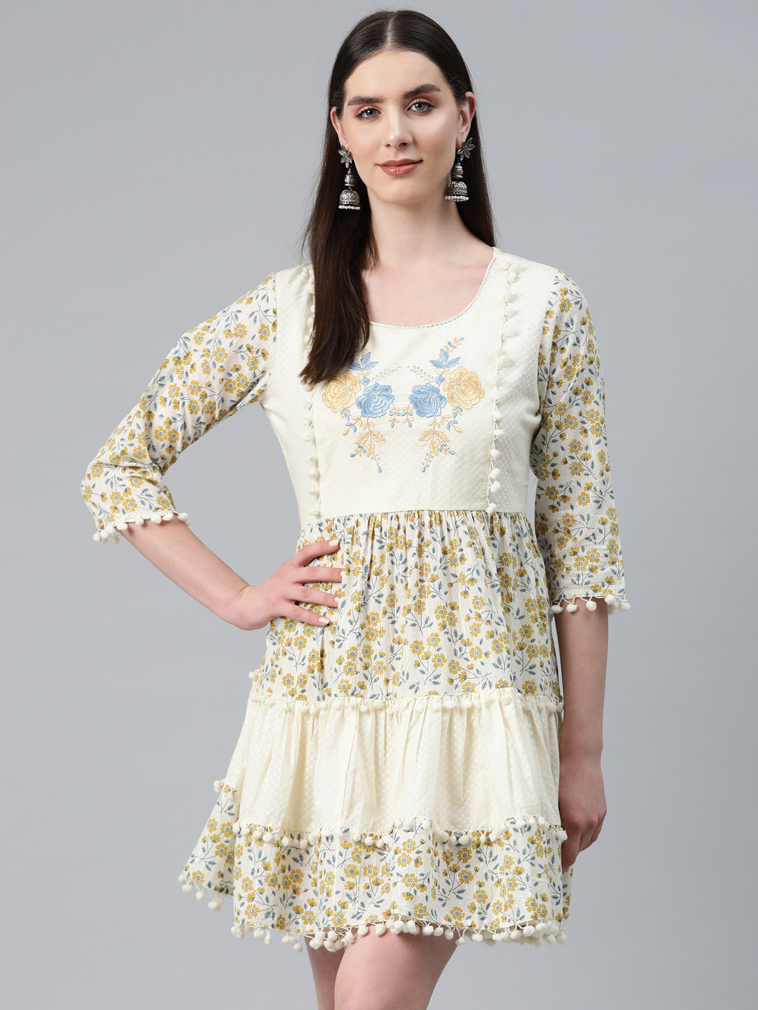 

Readiprint Fashions Floral Print with Pom-Pom Detail A-Line Dress, Cream