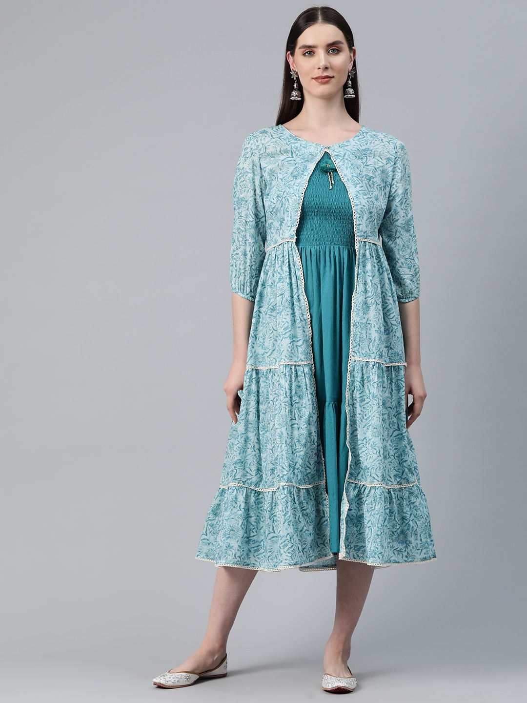 

Readiprint Fashions Floral Print Smocked Midi Tiered Dress with Jacket, Blue