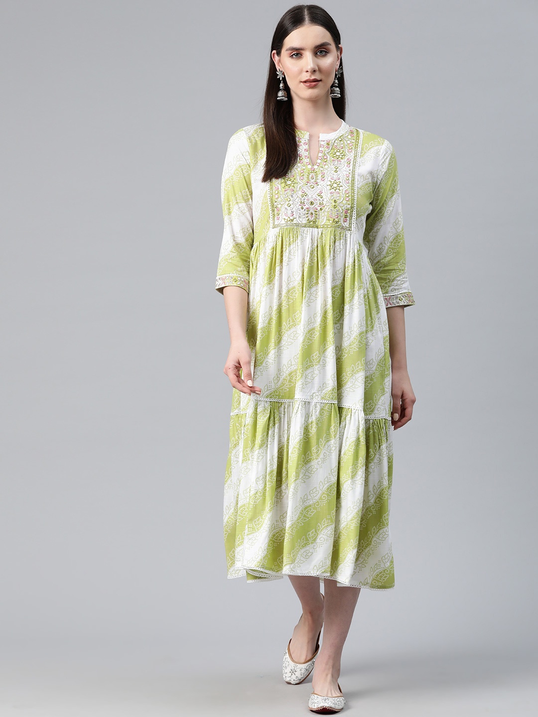 

Readiprint Fashions Green & White Ethnic Motifs Print Tiered A-Line Midi Dress
