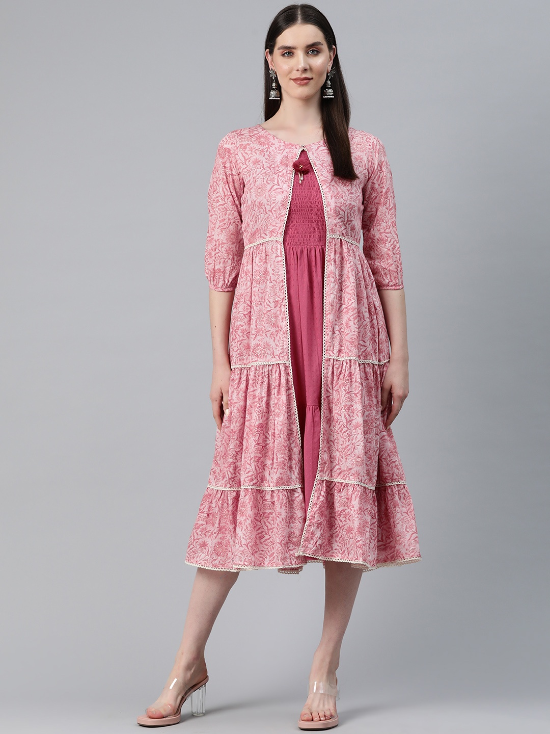 

Readiprint Fashions Printed Fit & Flare Midi Tiered Dress with Jacket, Pink