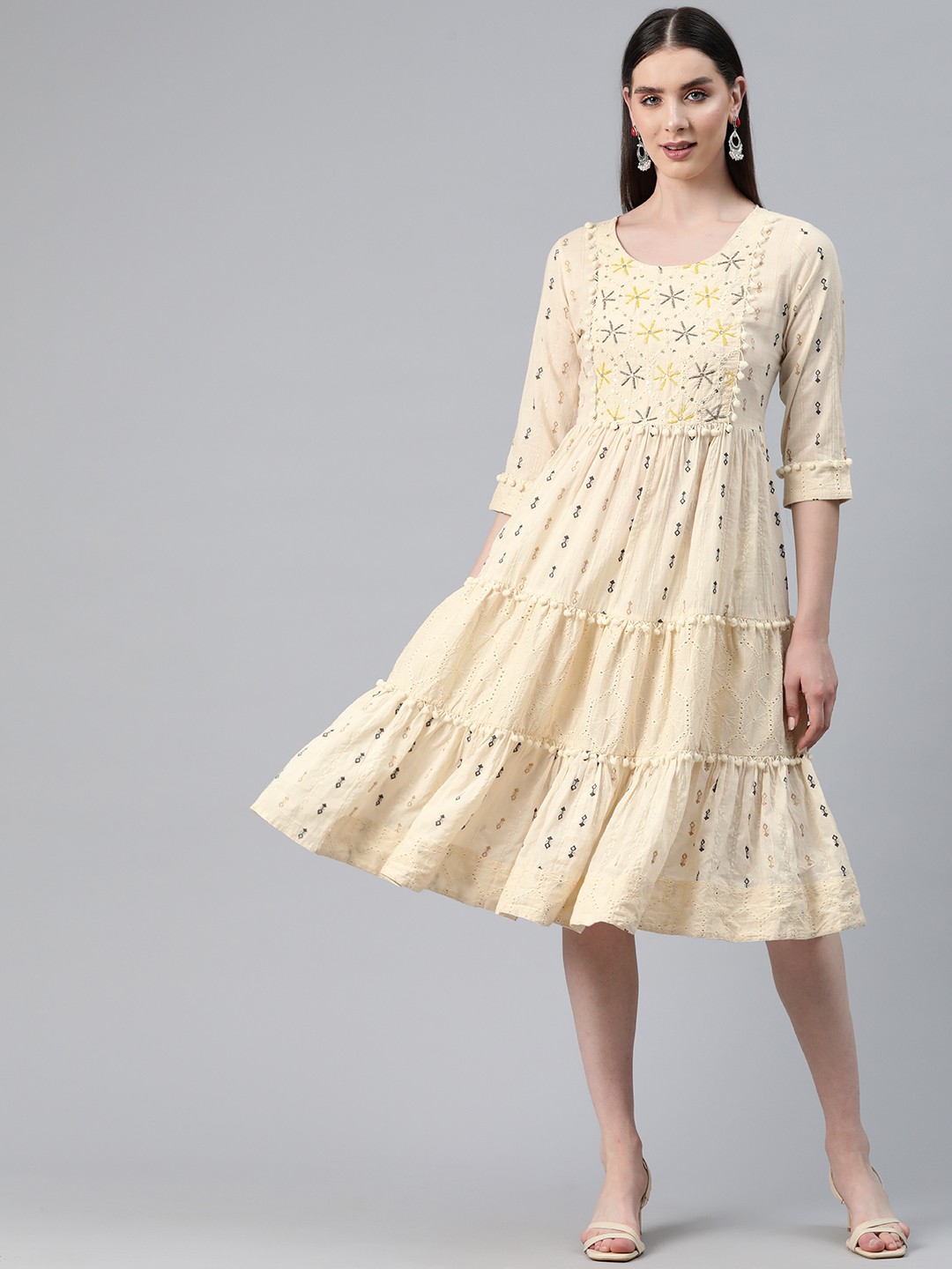 

Readiprint Fashions Floral Embellished Tiered Fit & Flare Dress, Cream