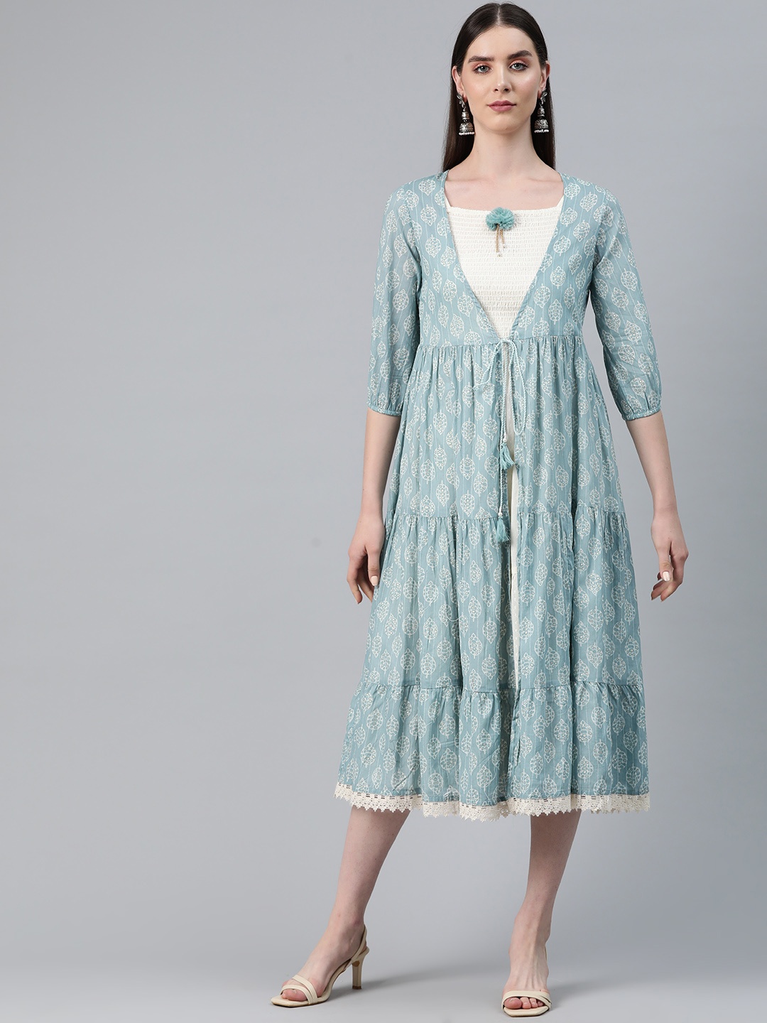 

Readiprint Fashions Floral Print Smocked Midi Tiered Dress with Jacket, Blue