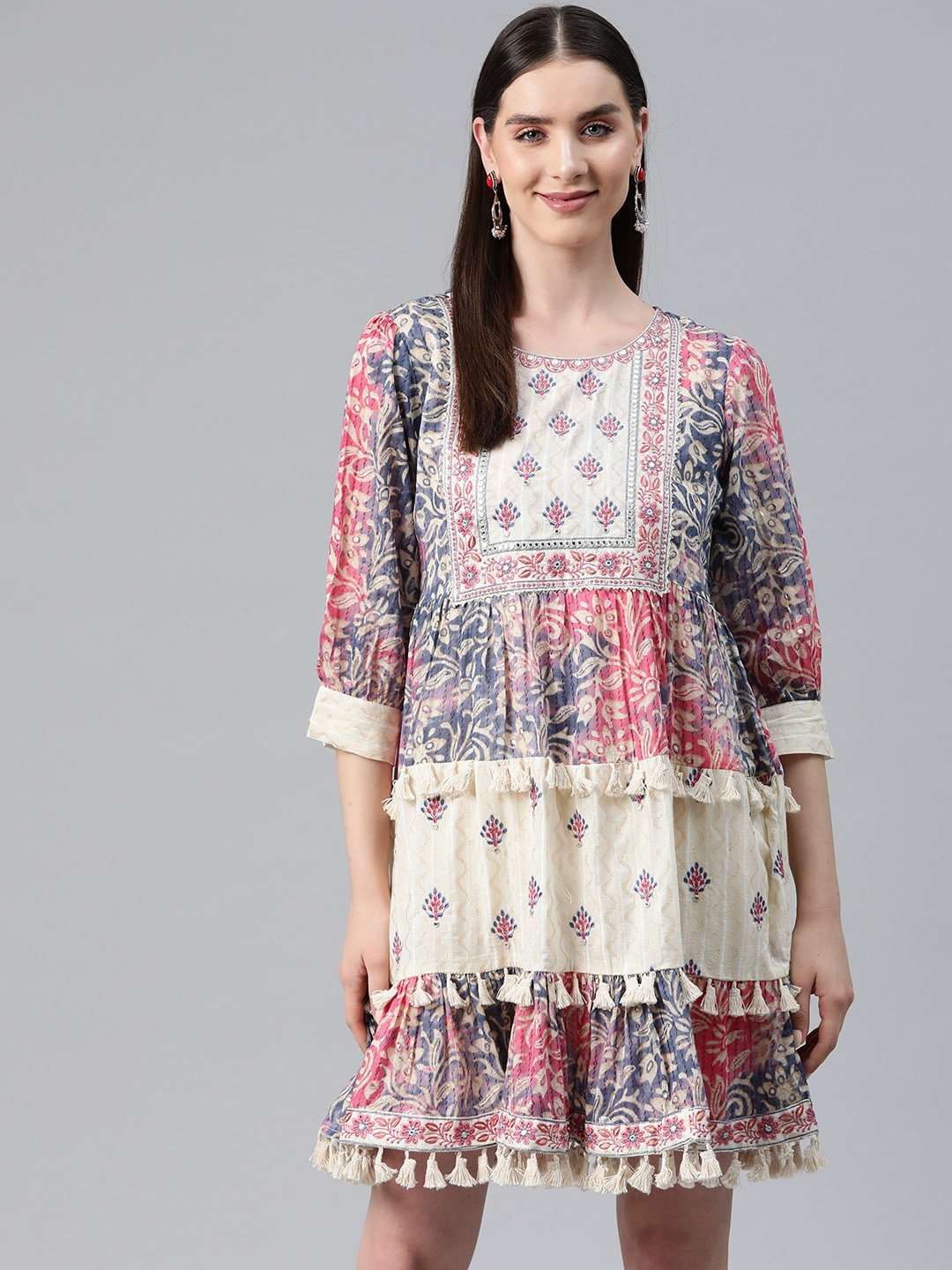Readiprint Fashions Ethnic Motifs Print Puff Sleeves A-Line Dress, Multi