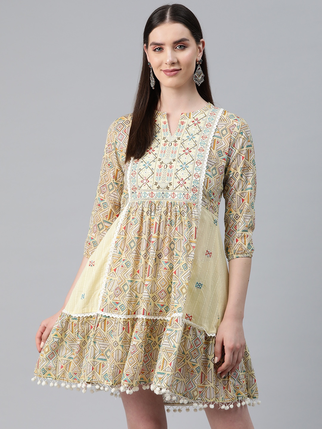 

Readiprint Fashions Print Embellished A-Line Tiered Dress, Yellow
