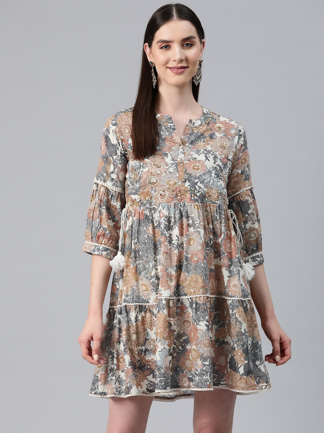 

Readiprint Fashions Floral Print Puff Sleeves Embellished Tiered Dress, Grey