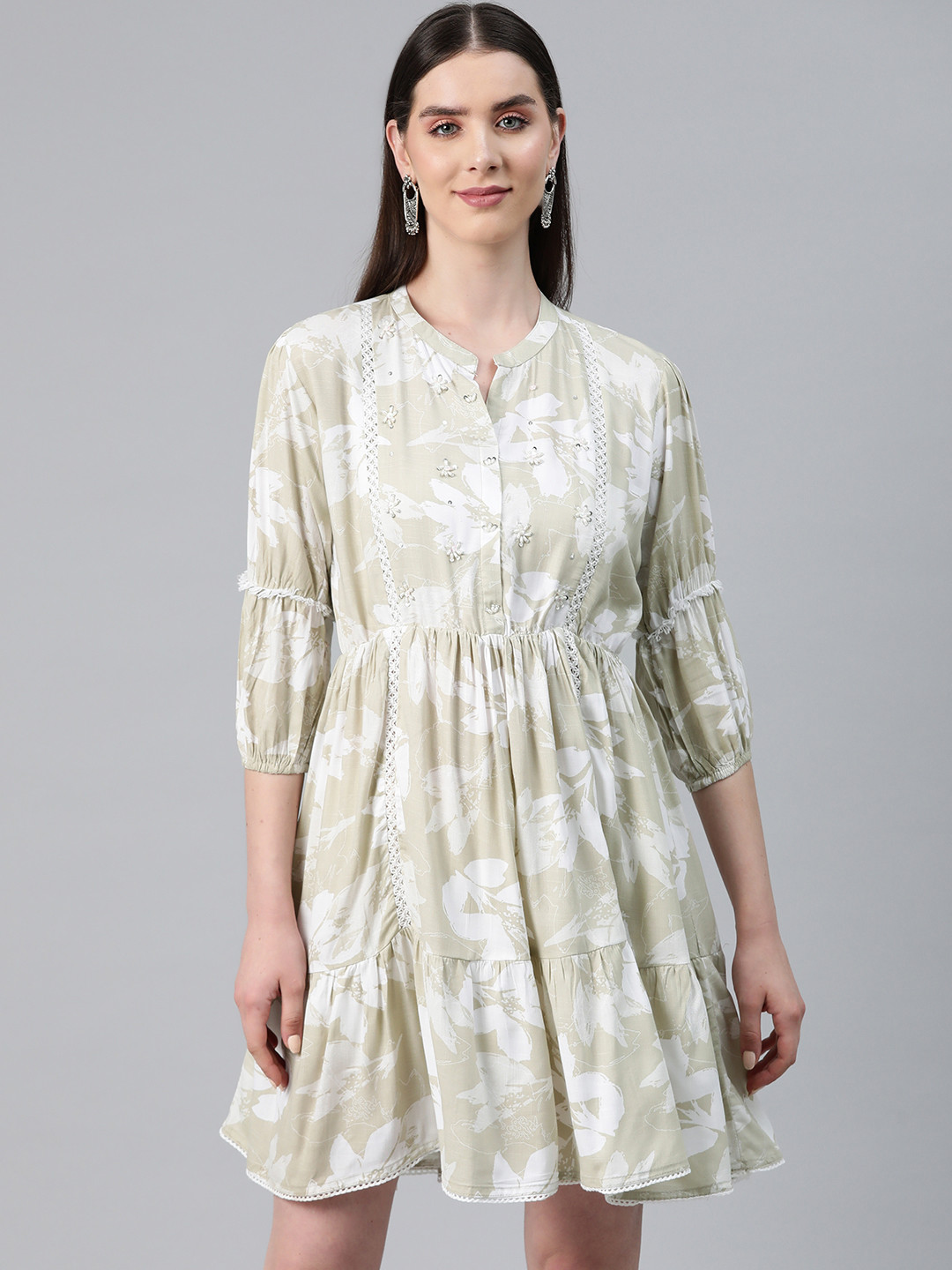 

Readiprint Fashions Floral Print Puff Sleeves Embellished Tiered Dress, Beige