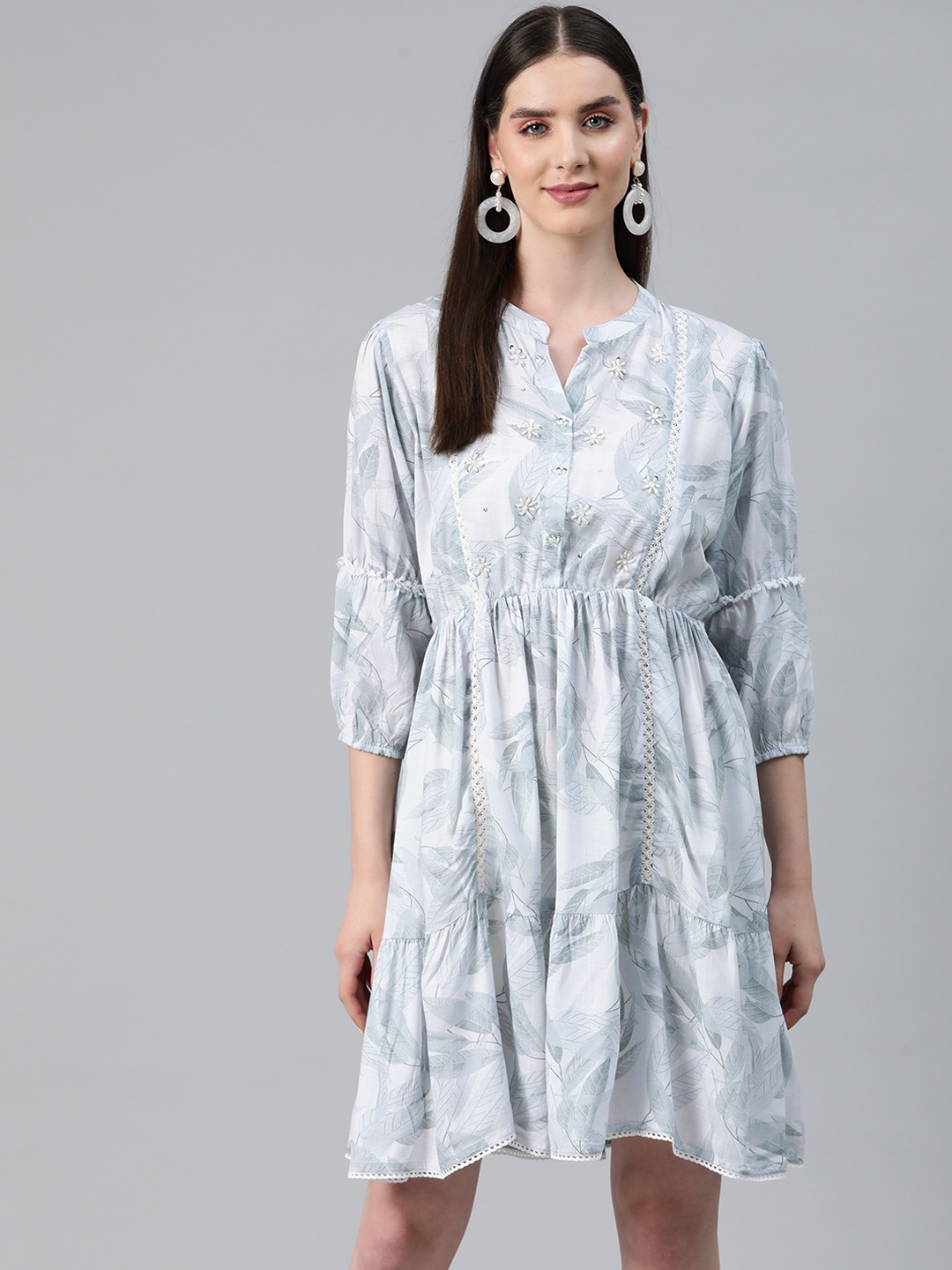 

Readiprint Fashions Floral Print Puff Sleeves A-Line Dress, Grey