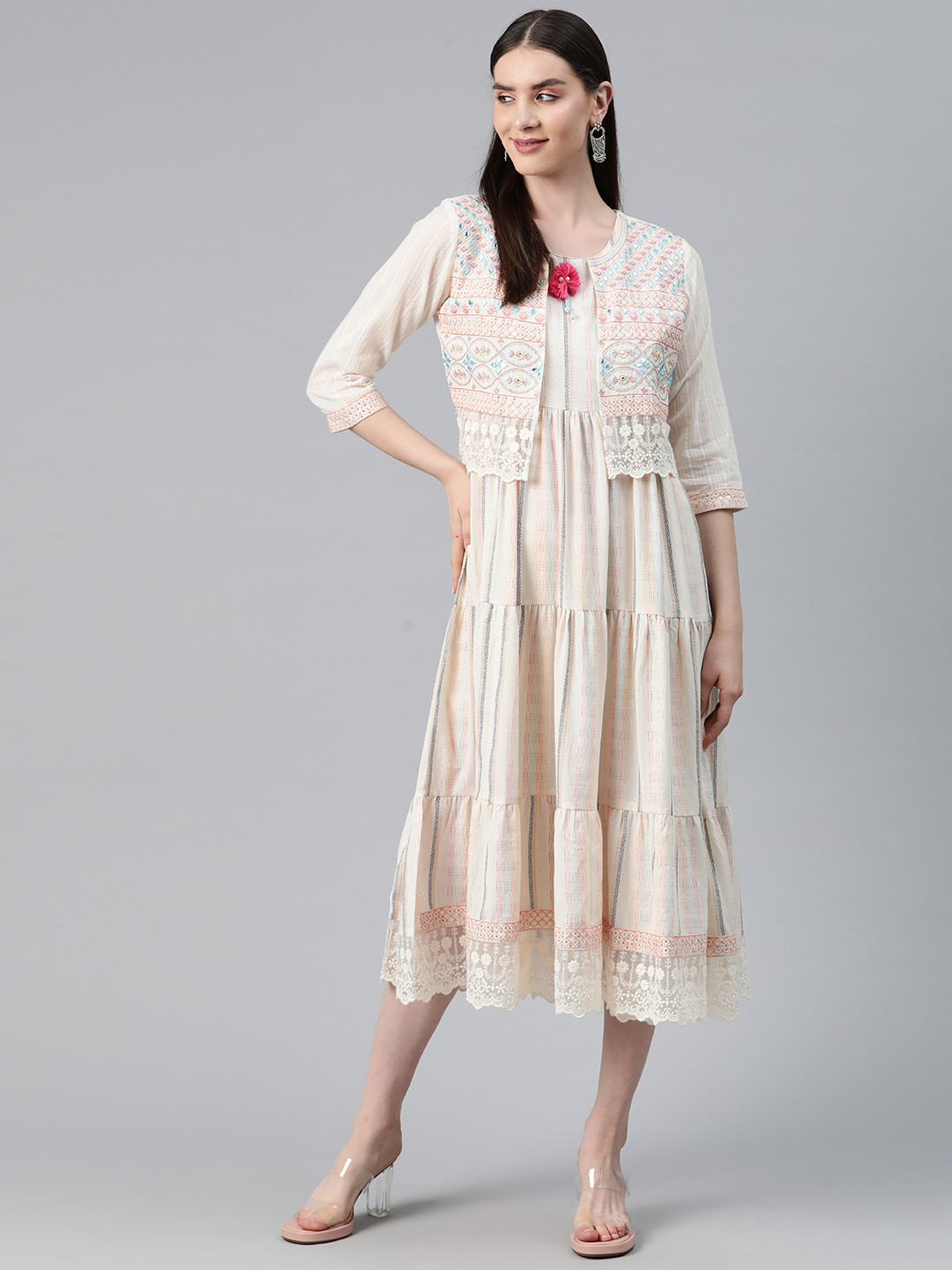 

Readiprint Fashions Printed A-Line Midi Tiered Dress with Jacket, Off white