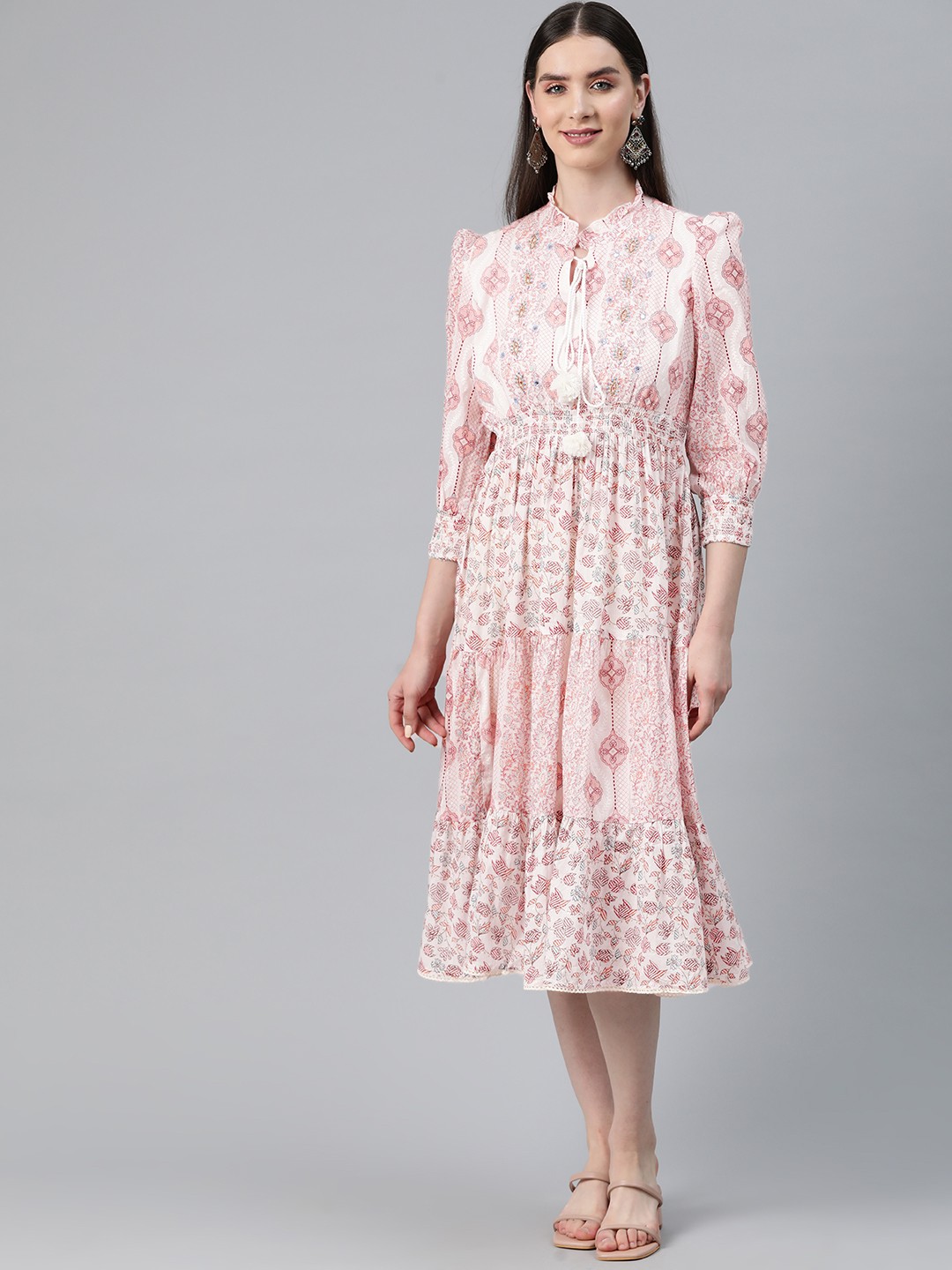 

Readiprint Fashions Ethnic Motifs Print Tie-Up Neck A-Line Tiered Midi Dress, Pink