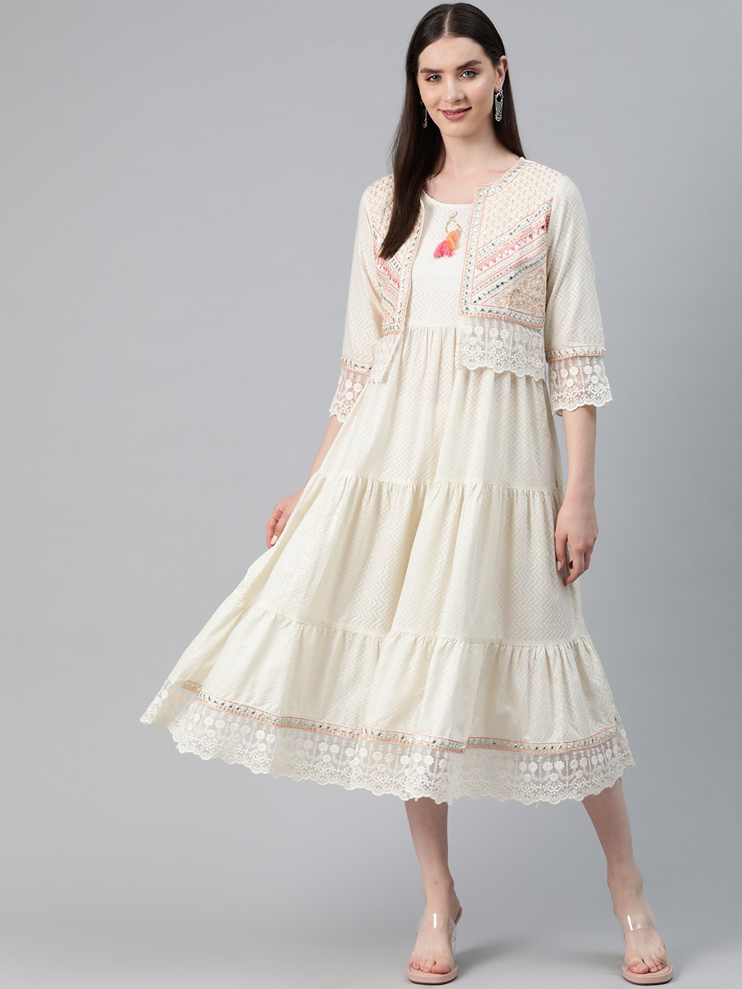 

Readiprint Fashions Chevron Embroidered A-Line Midi Tiered Dress with Jacket, Off white