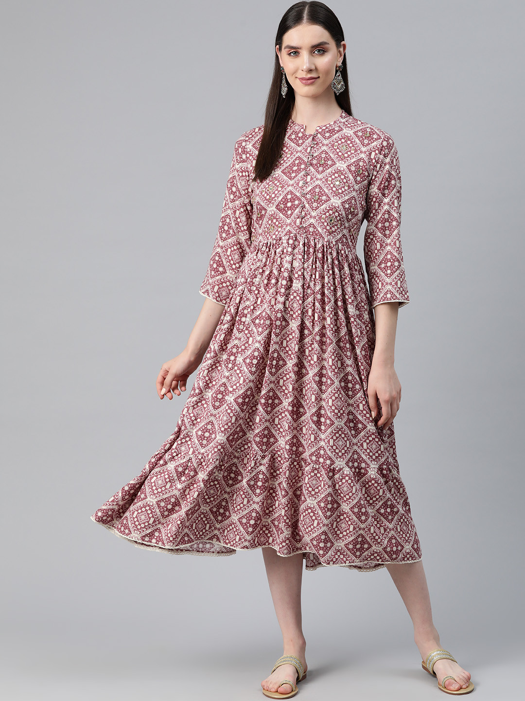 

Readiprint Fashions Printed Embellished A-Line Tiered Midi Dress, Mauve