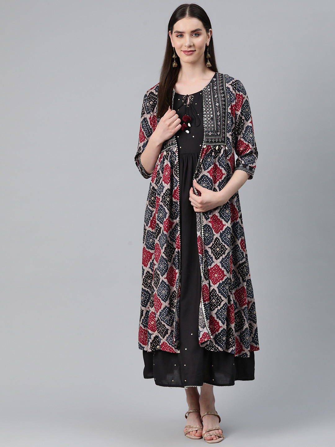 

Readiprint Fashions Embellished Tie-Up Neck A-Line Midi Dress with Jacket, Black