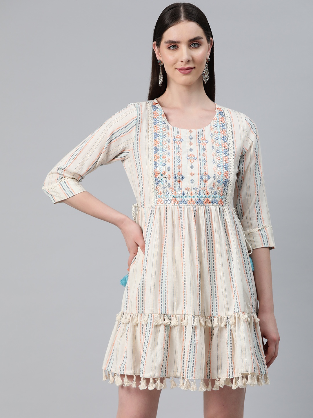 

Readiprint Fashions Printed Embellished A-Line Dress, Off white