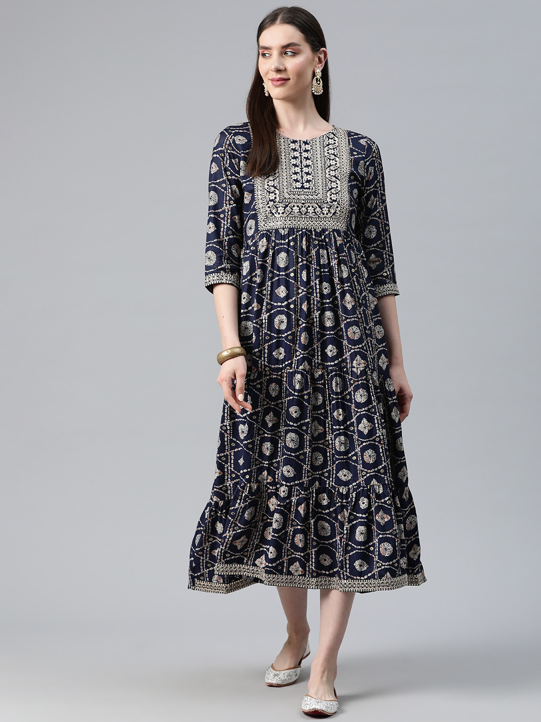 

Readiprint Fashions Floral Print Embellished A-Line Midi Dress, Navy blue