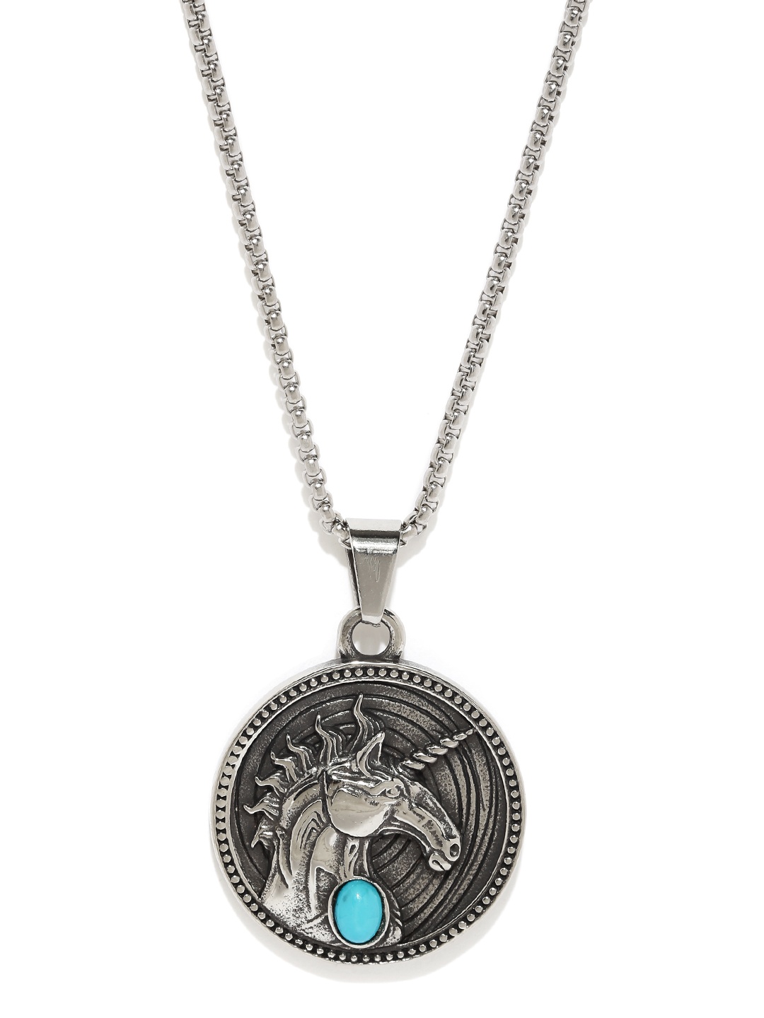 

Yellow Chimes MenOpal Gemstone Silver Oxidized Stainless Steel Unicorn Pendant