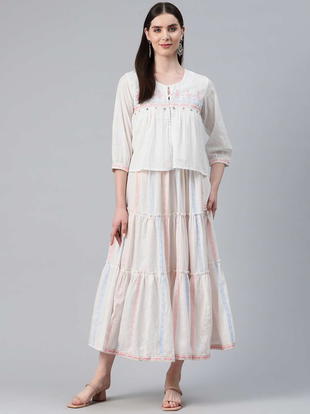 

Readiprint Fashions Floral Print Fit & Flare Tiered Midi Dress with Jacket, White