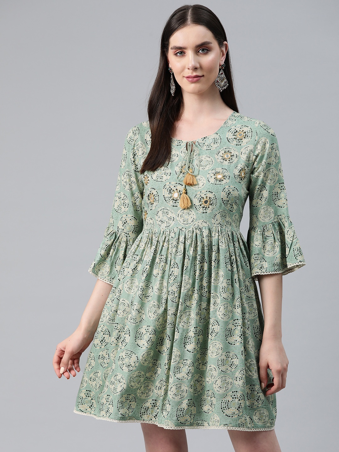 

Readiprint Fashions Print Tie-Up Neck Bell Sleeves A-Line Dress, Green