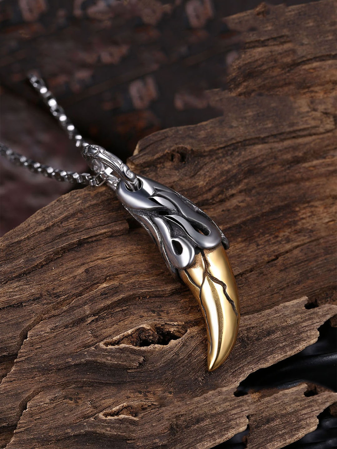 

Yellow Chimes Silver-Toned & Gold-Toned Oxidized Stainless Steel Killing Thor Horn Pendant