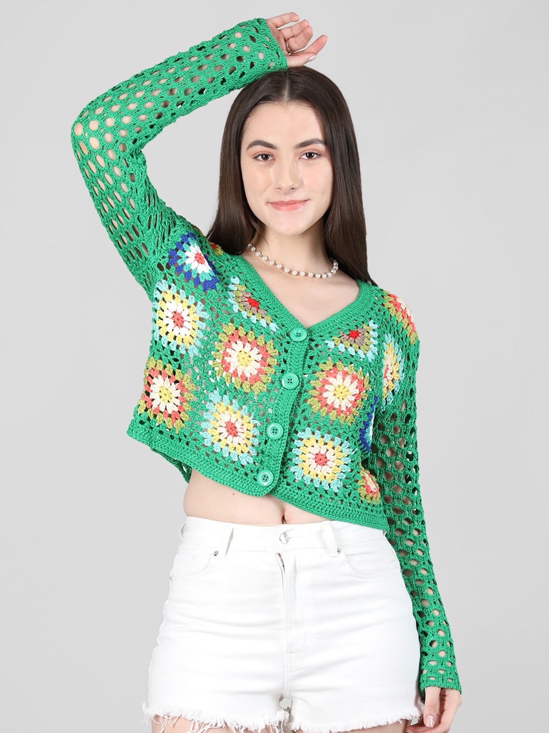 

CHKOKKO Self Design Woollen Crochet Shirt Style Crop Top, Green
