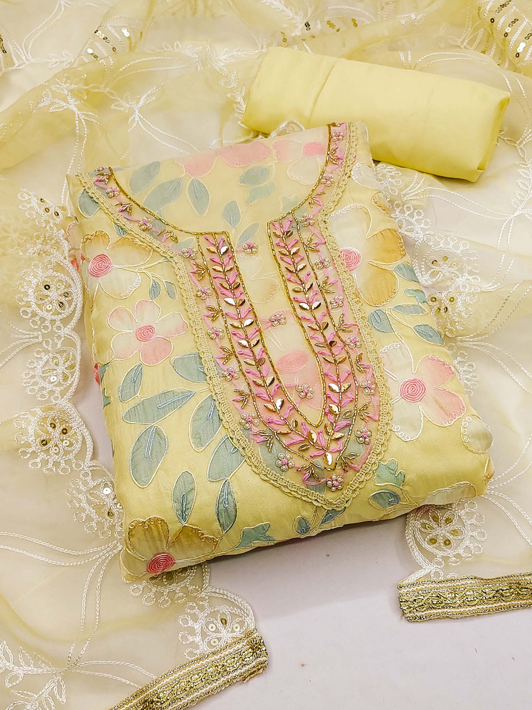 

KALINI Floral Embroidered Beads and Stones Unstitched Dress Material, Yellow