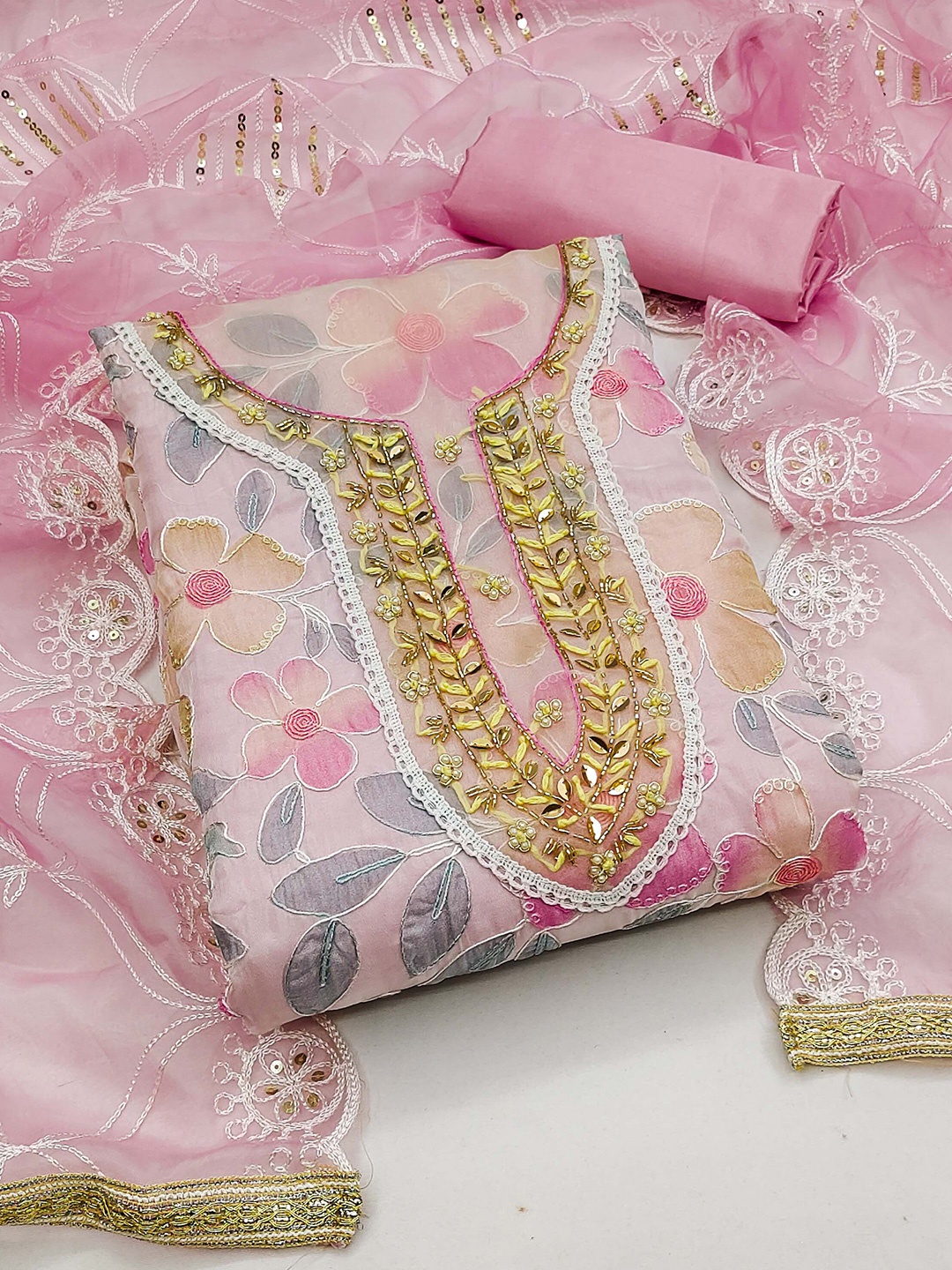 

KALINI Embellished Organza Unstitched Dress Material, Pink
