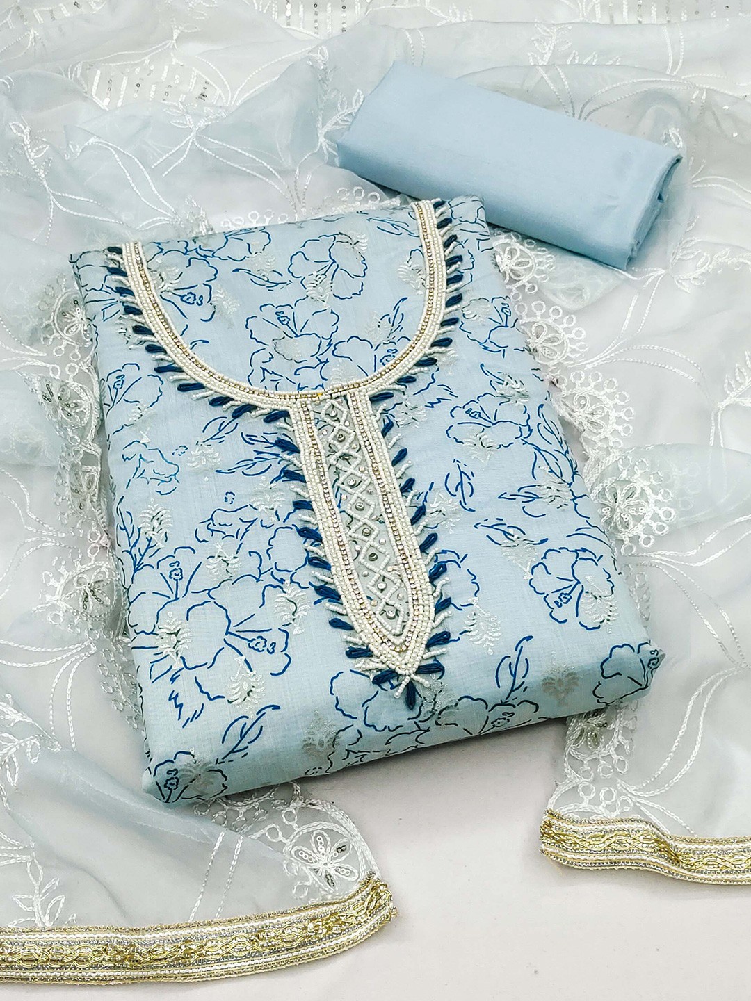 

KALINI Floral Embellished Unstitched Dress Material, Blue