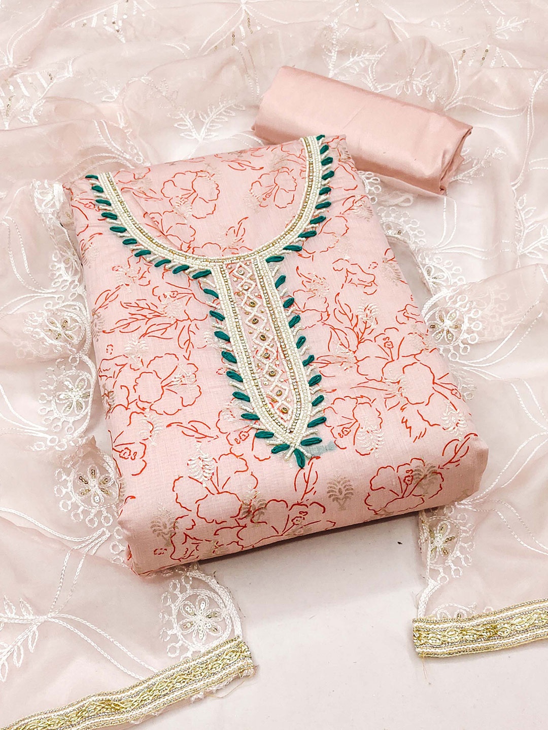 

KALINI Floral Printed Beads and Stones Unstitched Dress Material, Peach