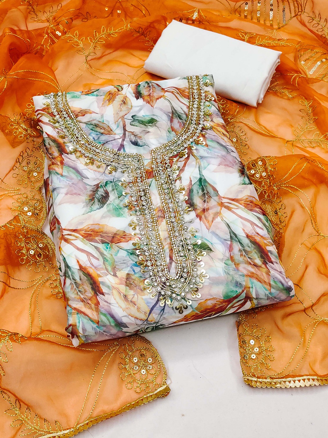 

KALINI Floral Printed Beads and Stones Organza Unstitched Dress Material, Orange