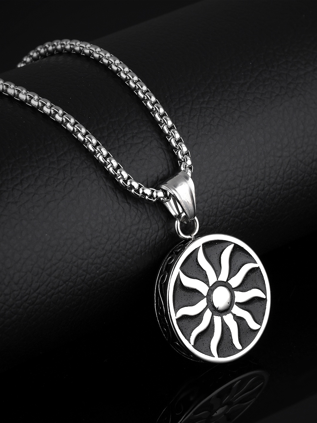 

Yellow Chimes Men Silver-Toned Sun Design Pendant With Chain, Black