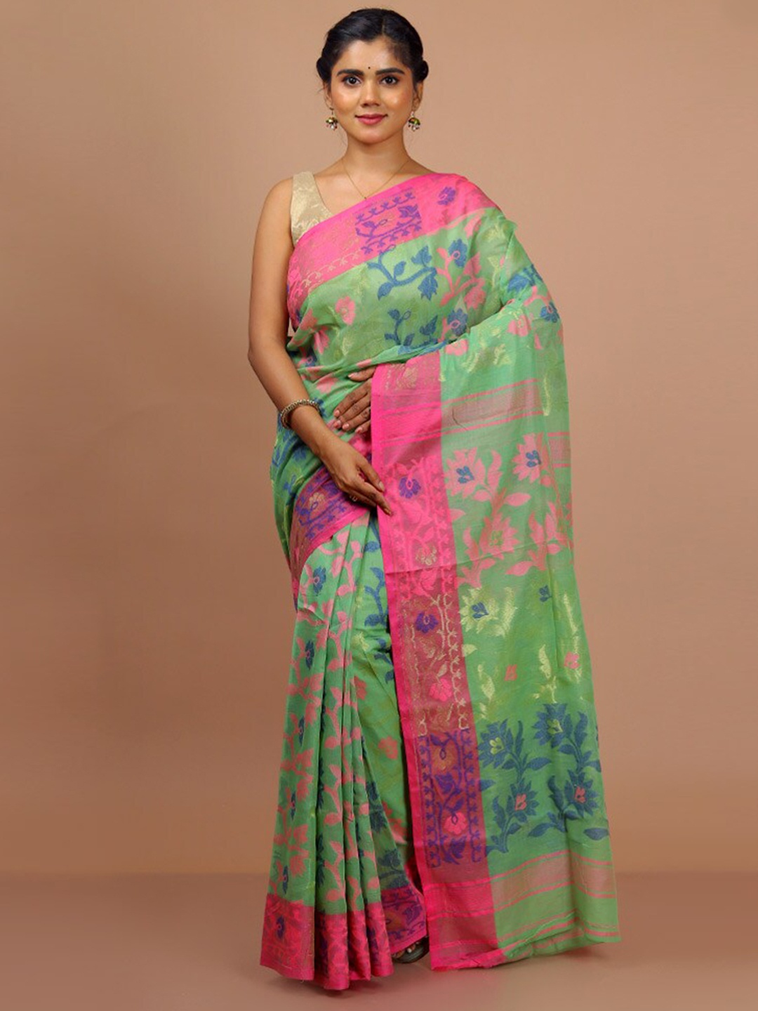 

AllSilks Floral Woven Design Zari Detail Saree, Green