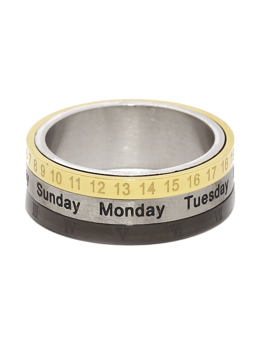 

Yellow Chimes Revolving Calender Stainless Steel Ring, Gold
