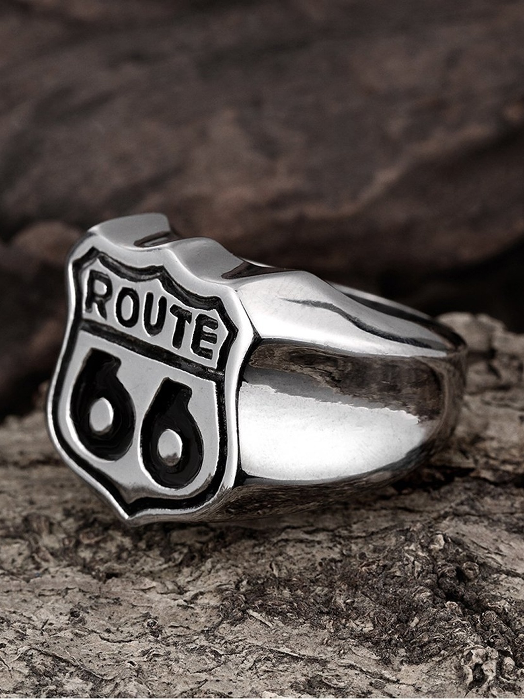 

Yellow Chimes Silver-Toned Route 66 Symbol Oxidized 316L Stainless Steel Bikers Ring