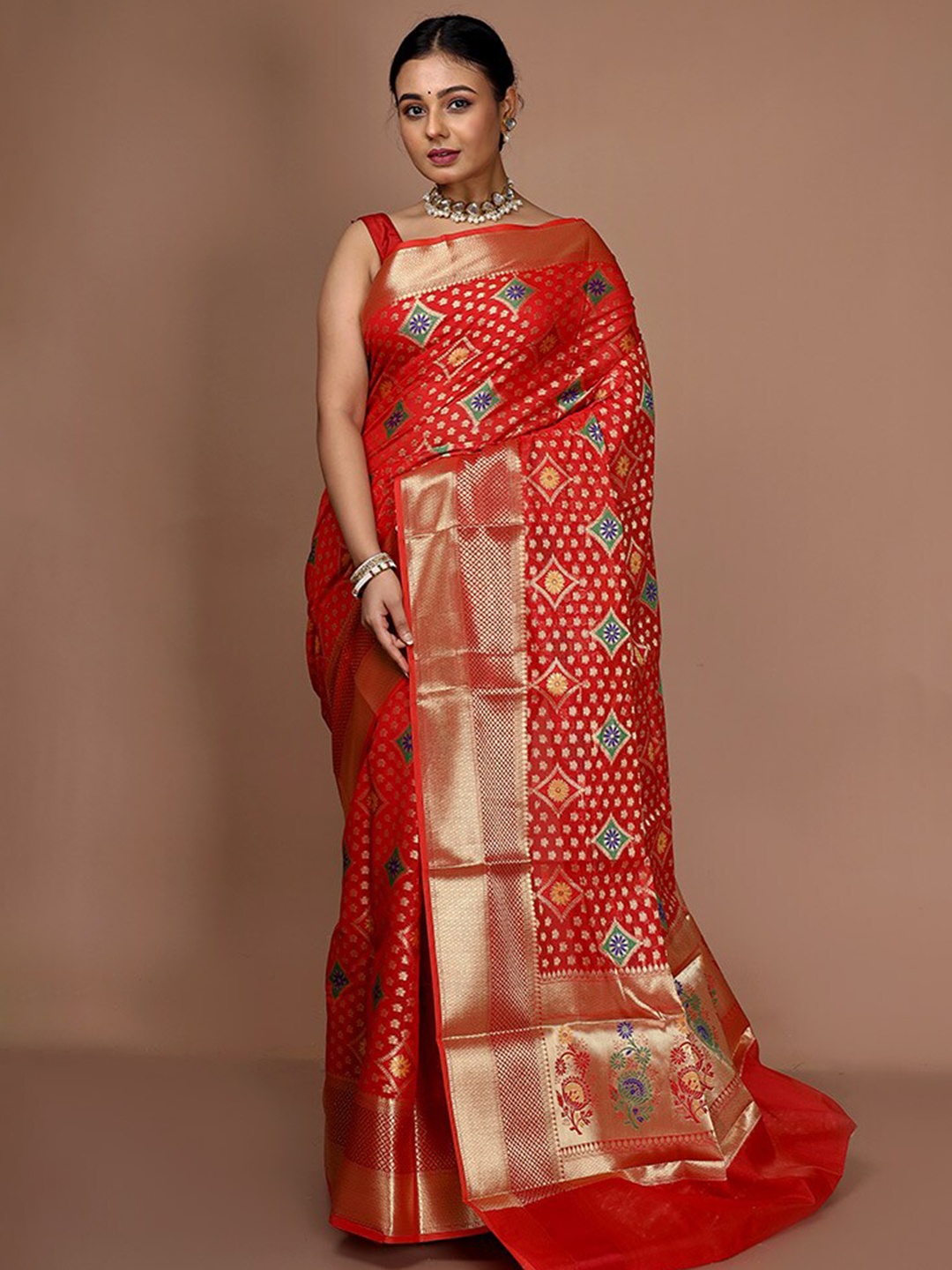 

AllSilks Ethnic Motifs Woven Design Zari Saree, Red
