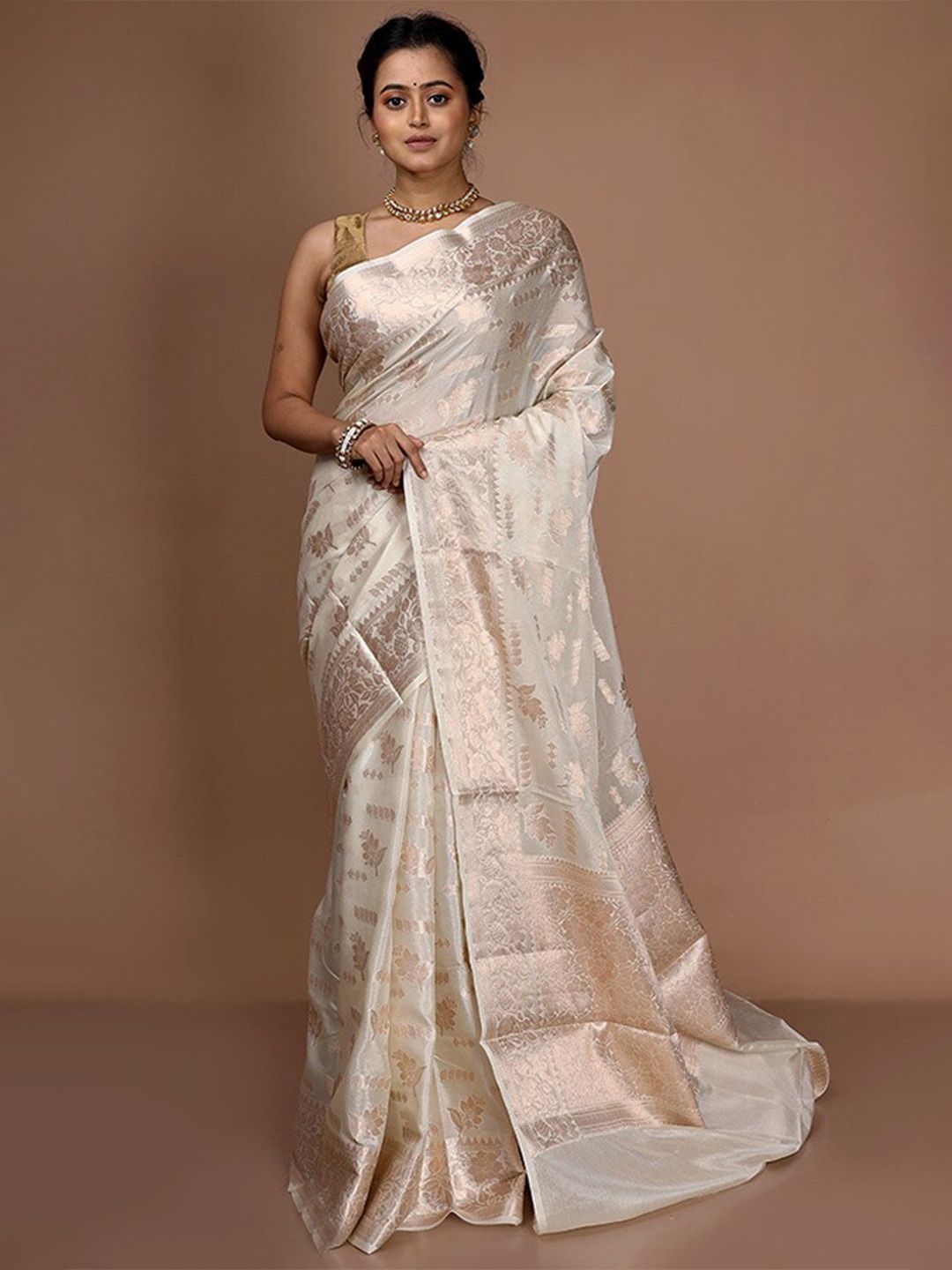 

AllSilks Ethnic Motifs Woven Design Zari Saree, Cream