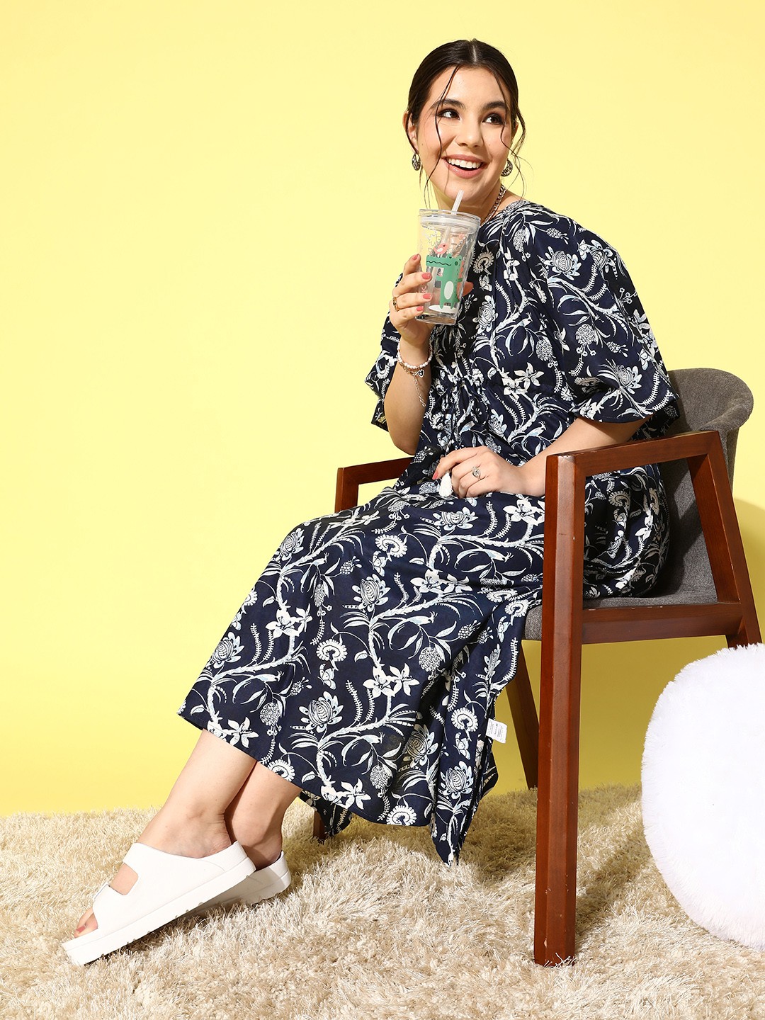 

ETC Printed Pure Cotton Midi Kaftan Nightdress, Navy blue