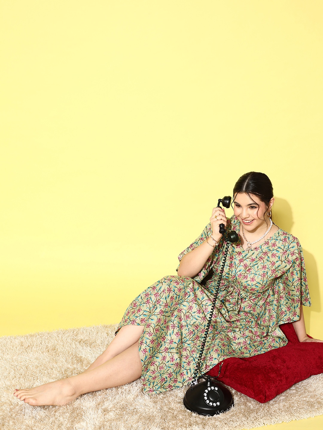 

ETC Printed Pure Cotton Midi Kaftan Nightdress, Olive