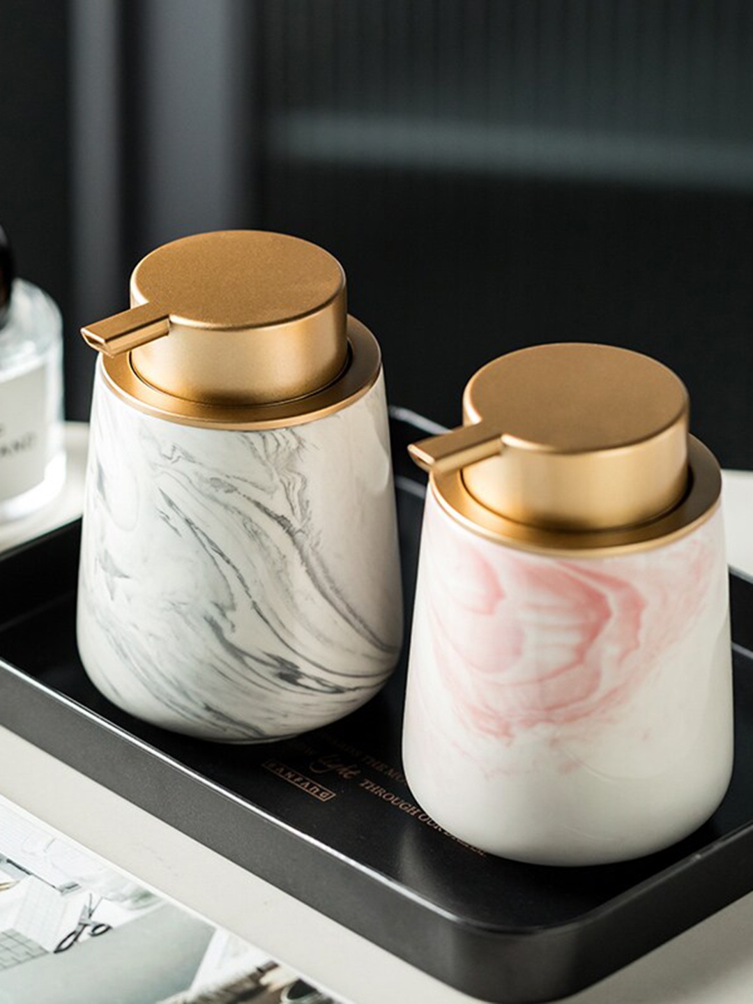 

FabSeasons Pink & White Marble Printed Ceramic Soap Dispenser With Pump - 380 ML