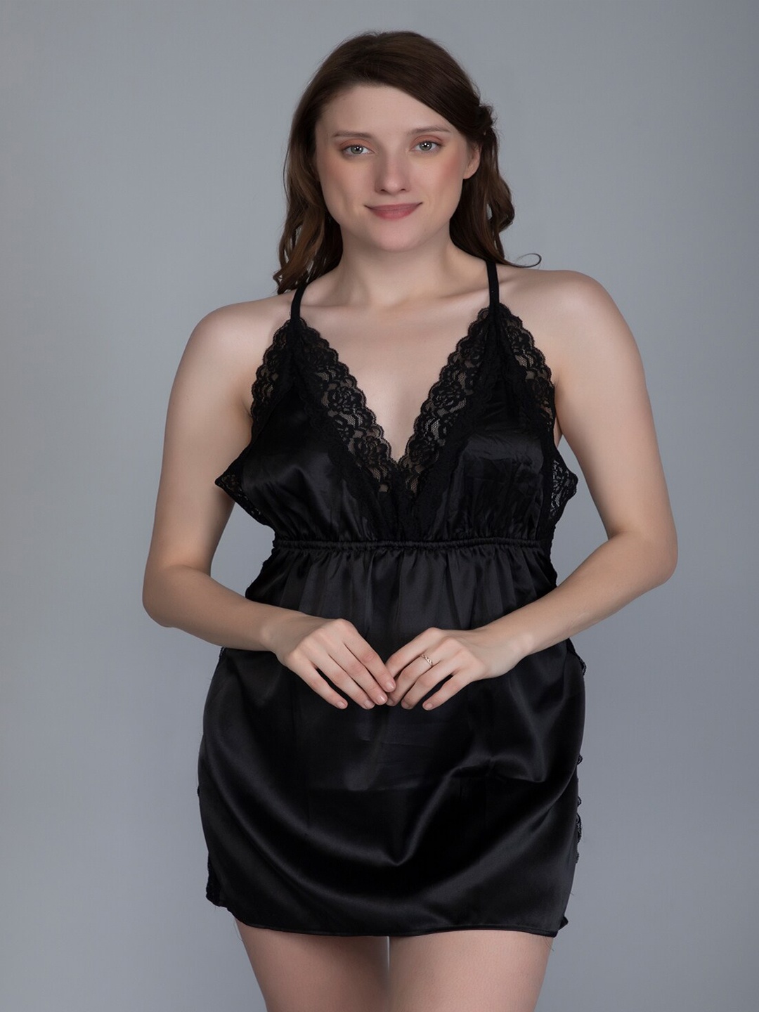 

NIGHTHOPE Shoulder Straps Satin Baby Doll, Black
