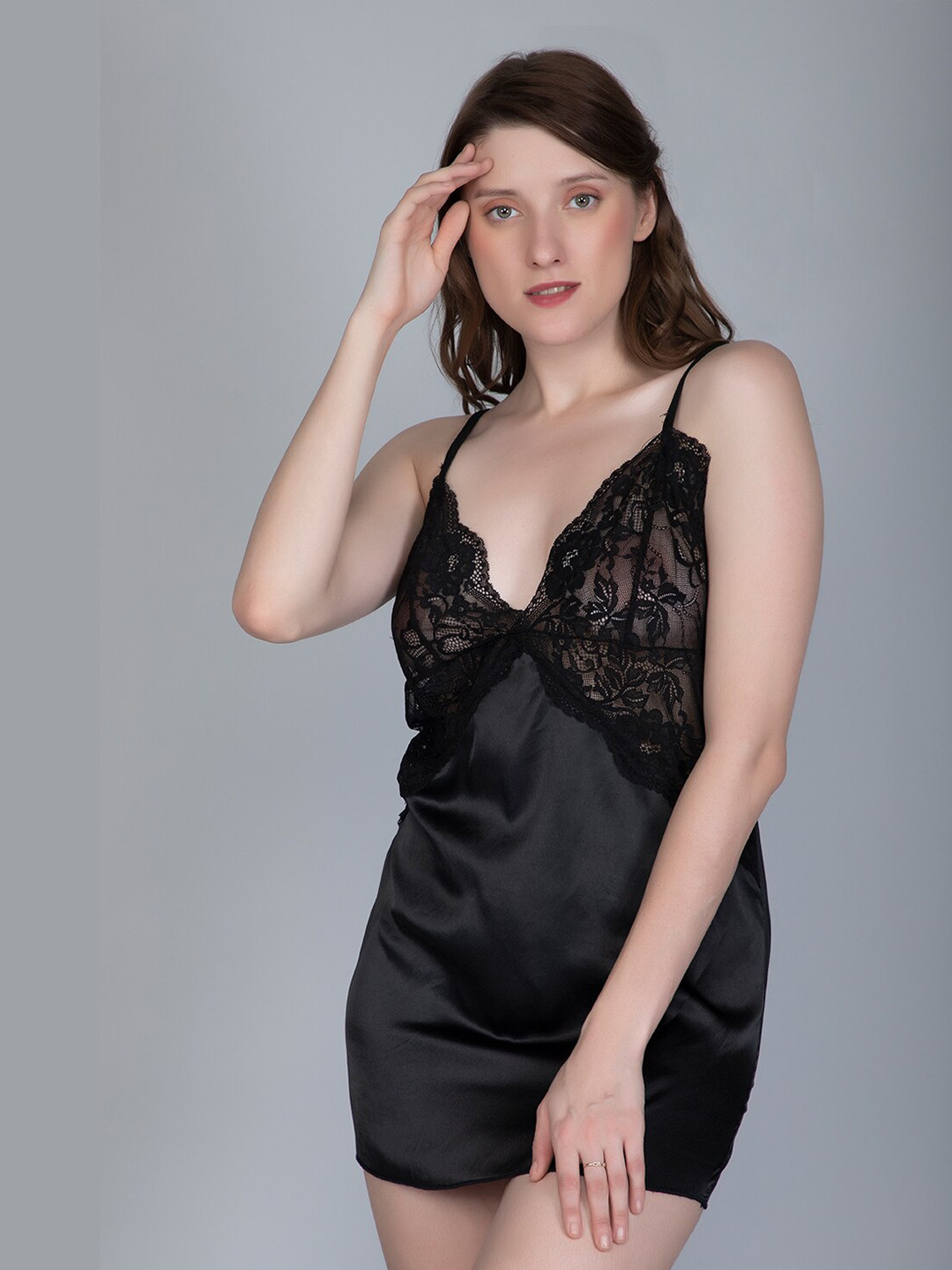 

NIGHTHOPE Shoulder Straps Satin Baby Doll, Black