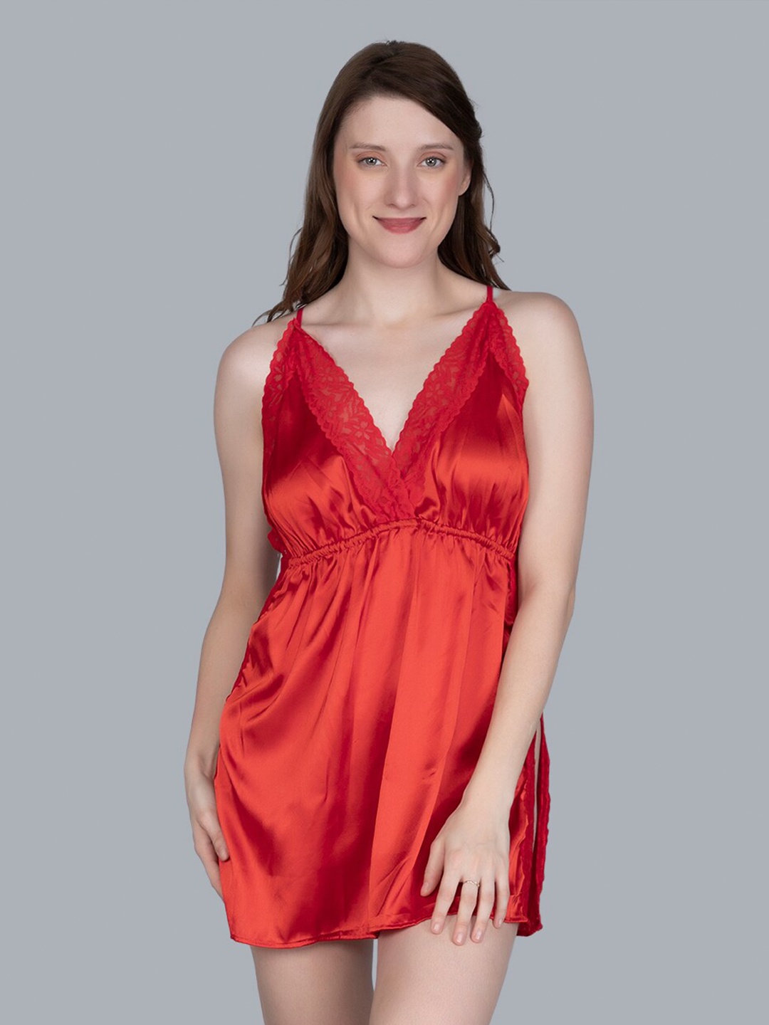 

NIGHTHOPE Shoulder Straps Satin Baby Doll, Red