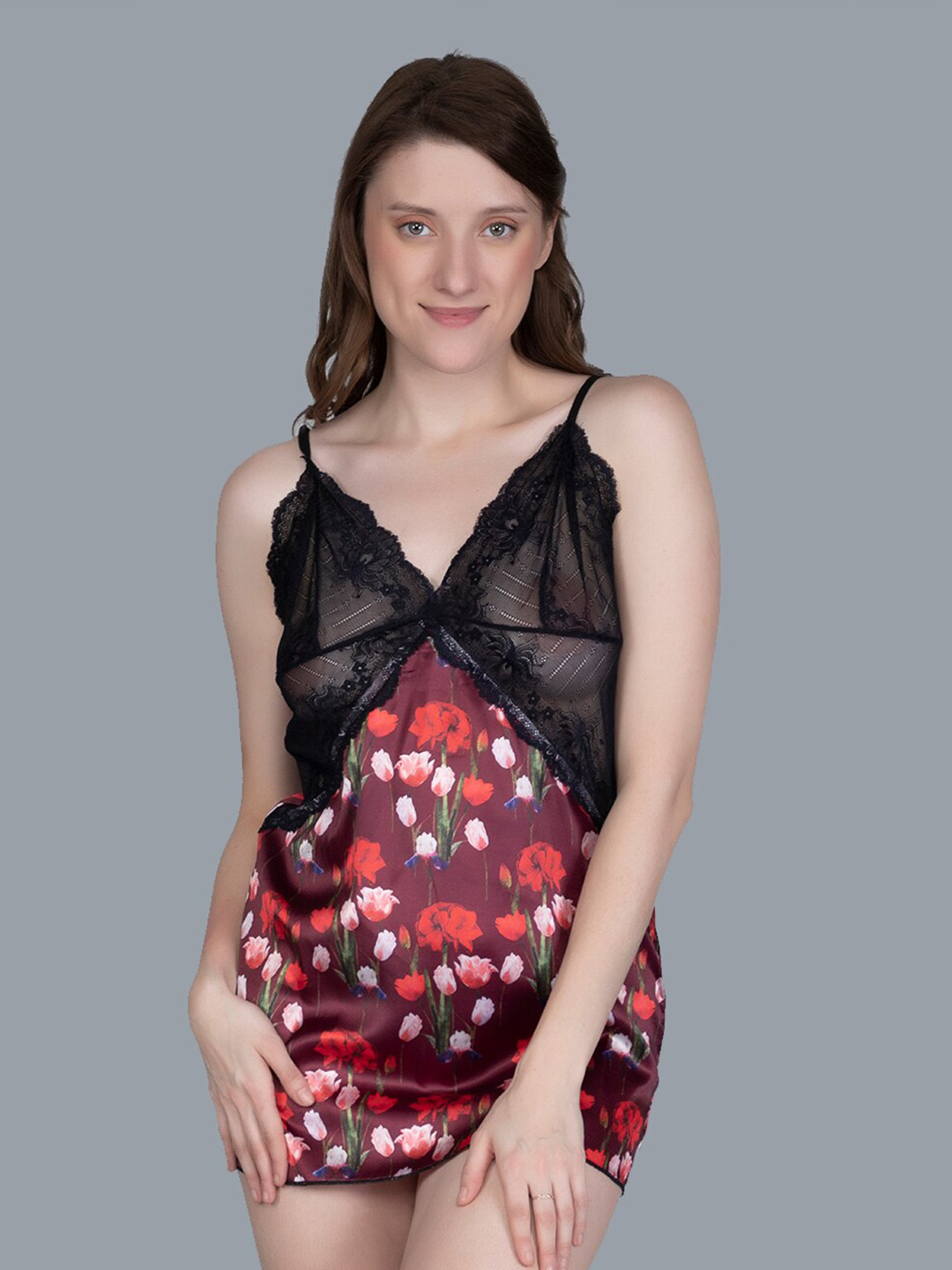 

NIGHTHOPE Printed Shoulder Straps Satin Baby Doll, Maroon