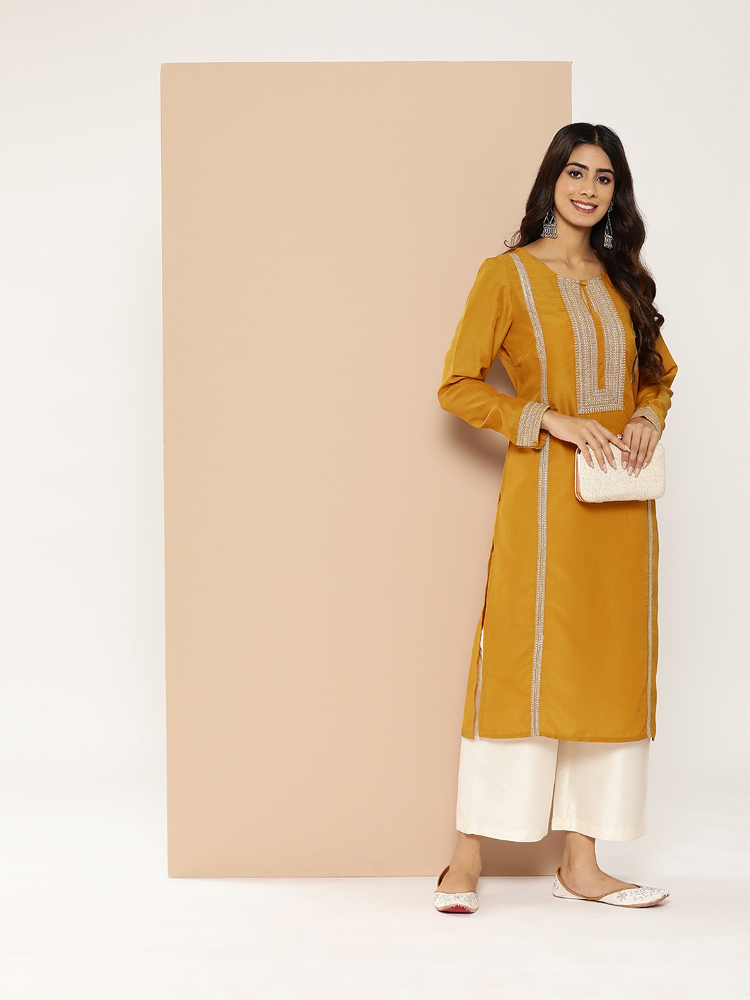 

HERE&NOW Ethnic Motifs Embroidered Thread Work Kurta, Mustard