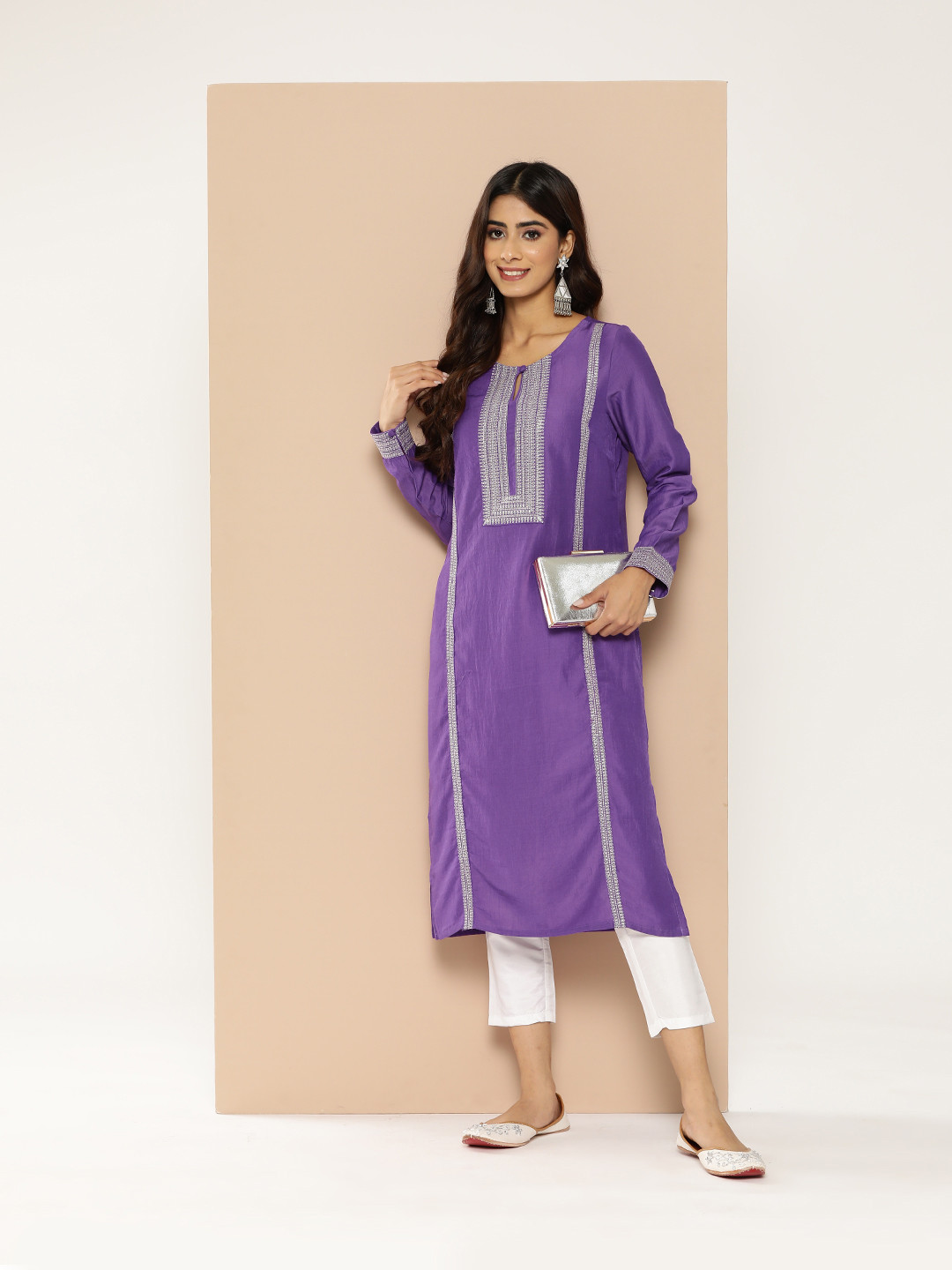 

HERE&NOW Ethnic Motifs Embroidered Thread Work Kurta, Purple