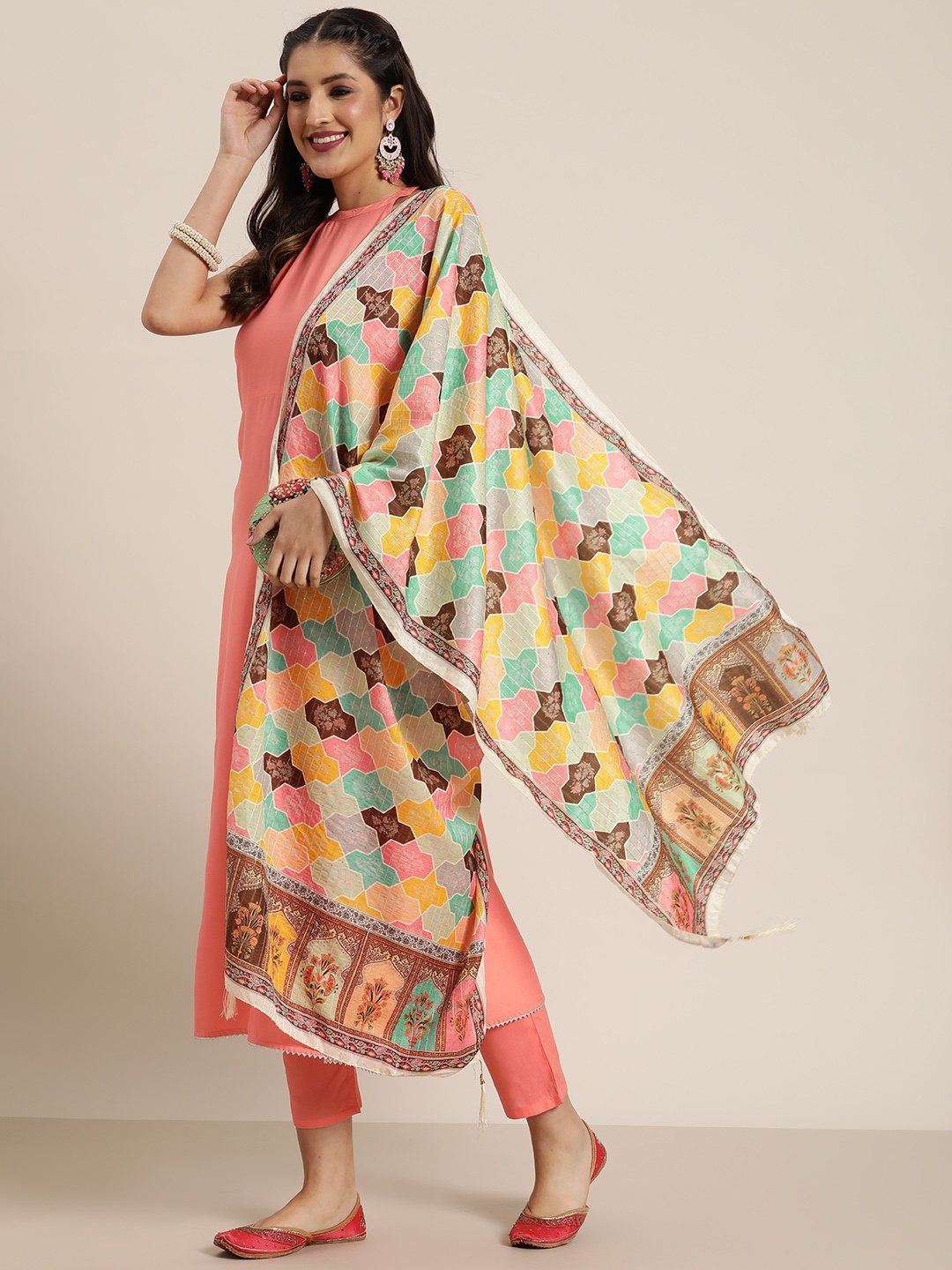 

HERE&NOW Gotta Patti Kurta with Trousers & Printed Dupatta, Pink