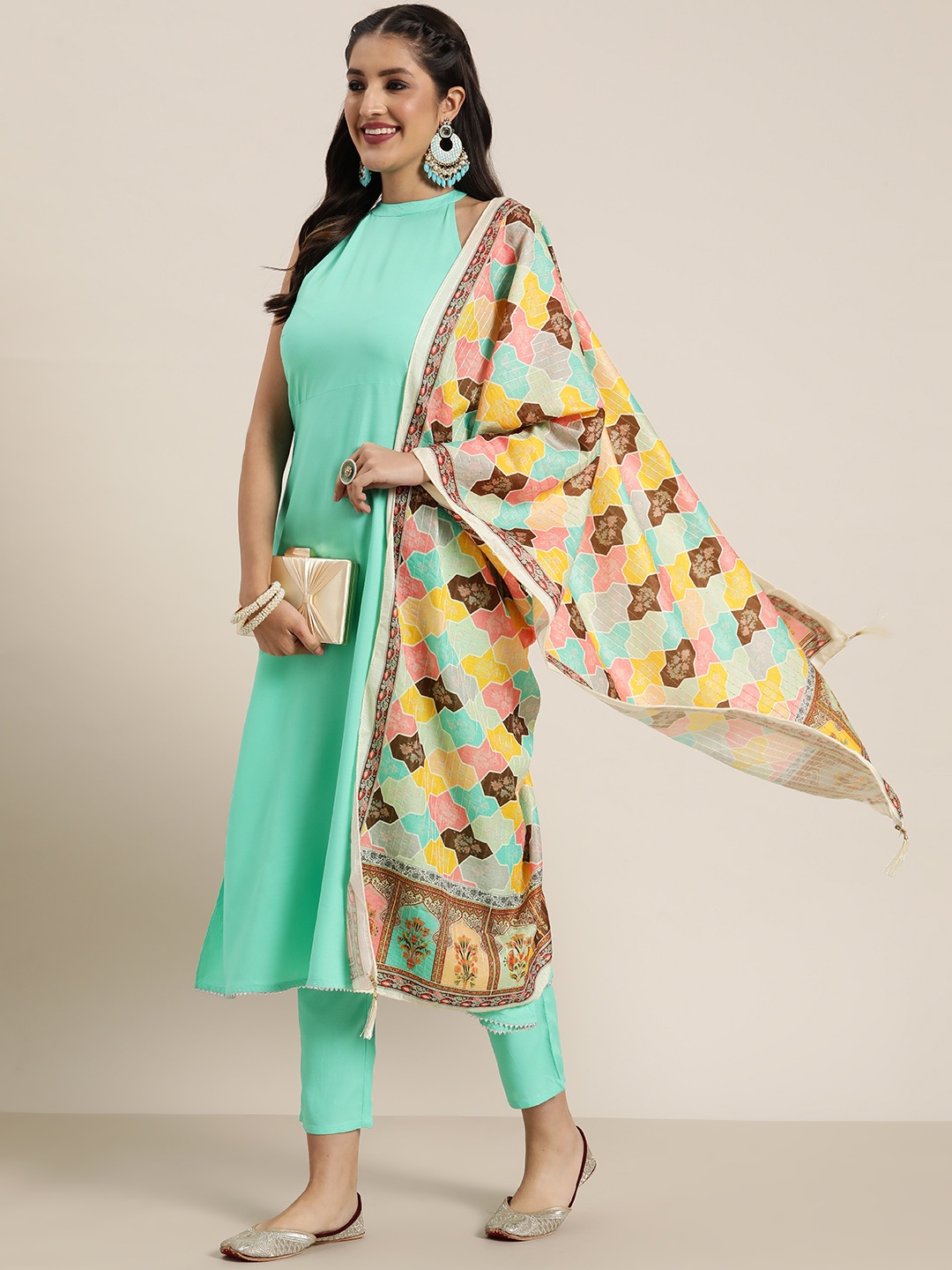 

HERE&NOW Gotta Patti Kurta with Trousers & Printed Dupatta, Sea green