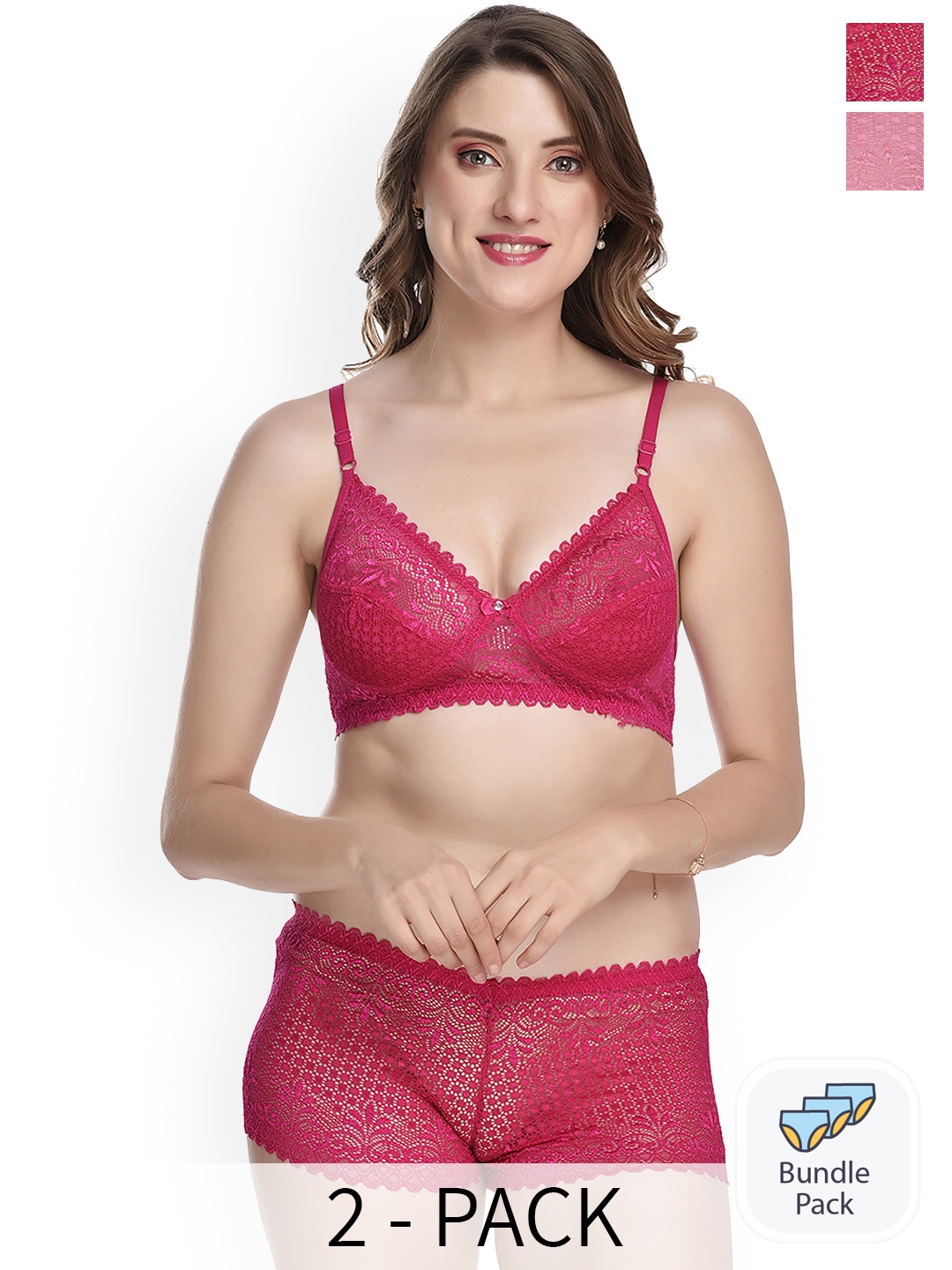 PIBU Pack of 2 Laced Cotton Lingerie Set, Pink