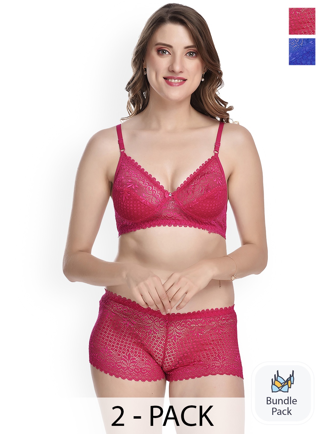 

PIBU Pack Of 2 Self Design Laced Cotton Lingerie Set, Pink