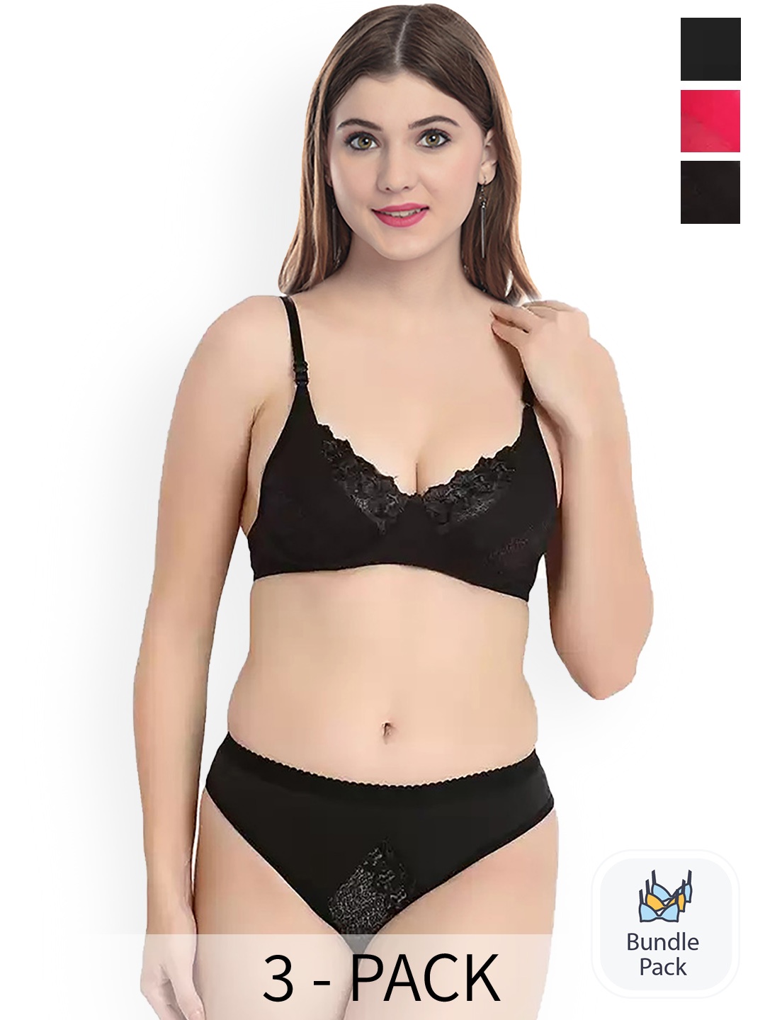 PIBU Pack Of 3 Non Wired Non Padded Lingerie Sets, Red