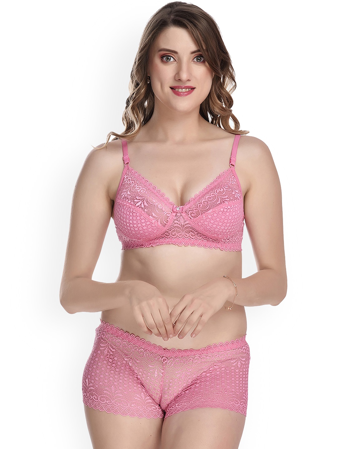 

PIBU Self Design Laced Cotton Lingerie Set, Pink